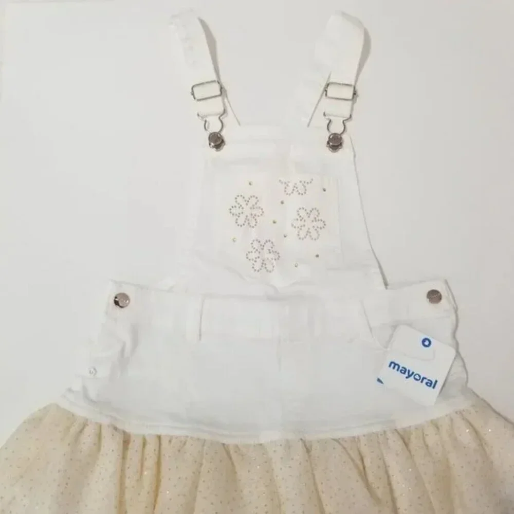 Nwt Mayoral white denim overall skirt sparkly bottom size 6 (F13)
